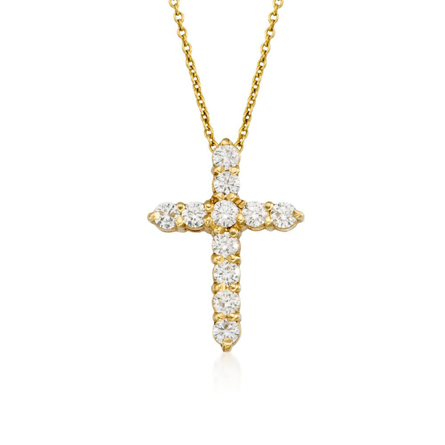 0.88ct Diamond Small Cross Pendant in 18K Yellow Gold on 18" Cable Chain