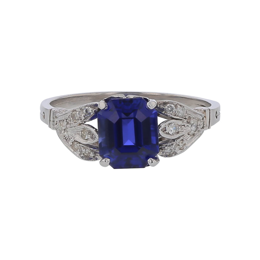 2.05ct Emerald Cut Sri Lankan Sapphire (H) 0.21ct Single Cut Diamonds Ring in Platinum Size 6.75