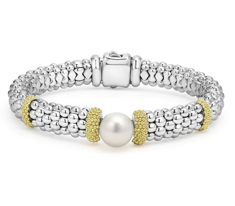 10mm Pearl Luna 9mm Rope Bracelet in Sterling Silver and 18K Yellow Gold Size 7