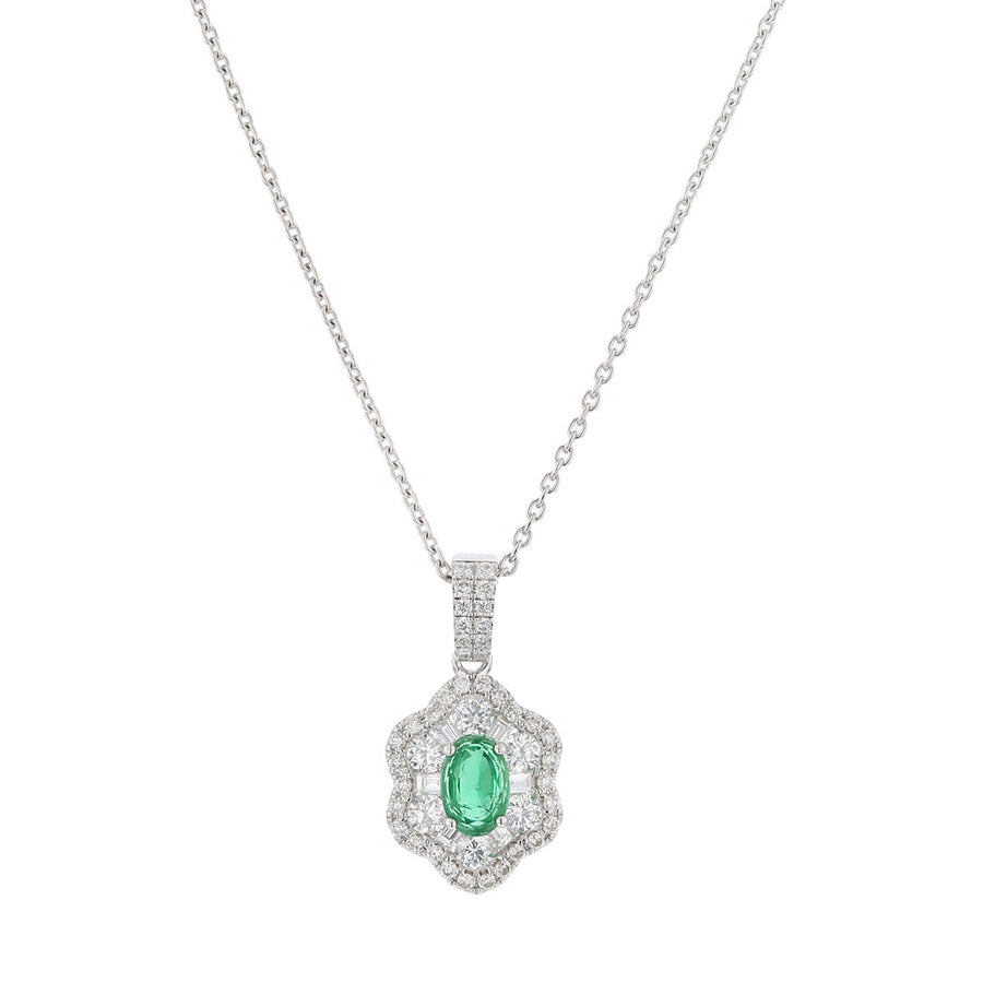 0.39ct Oval Emerald and 0.64ct Round and Straight Baguette Diamond Halo Pendant in 18K White Gold, 18" chain