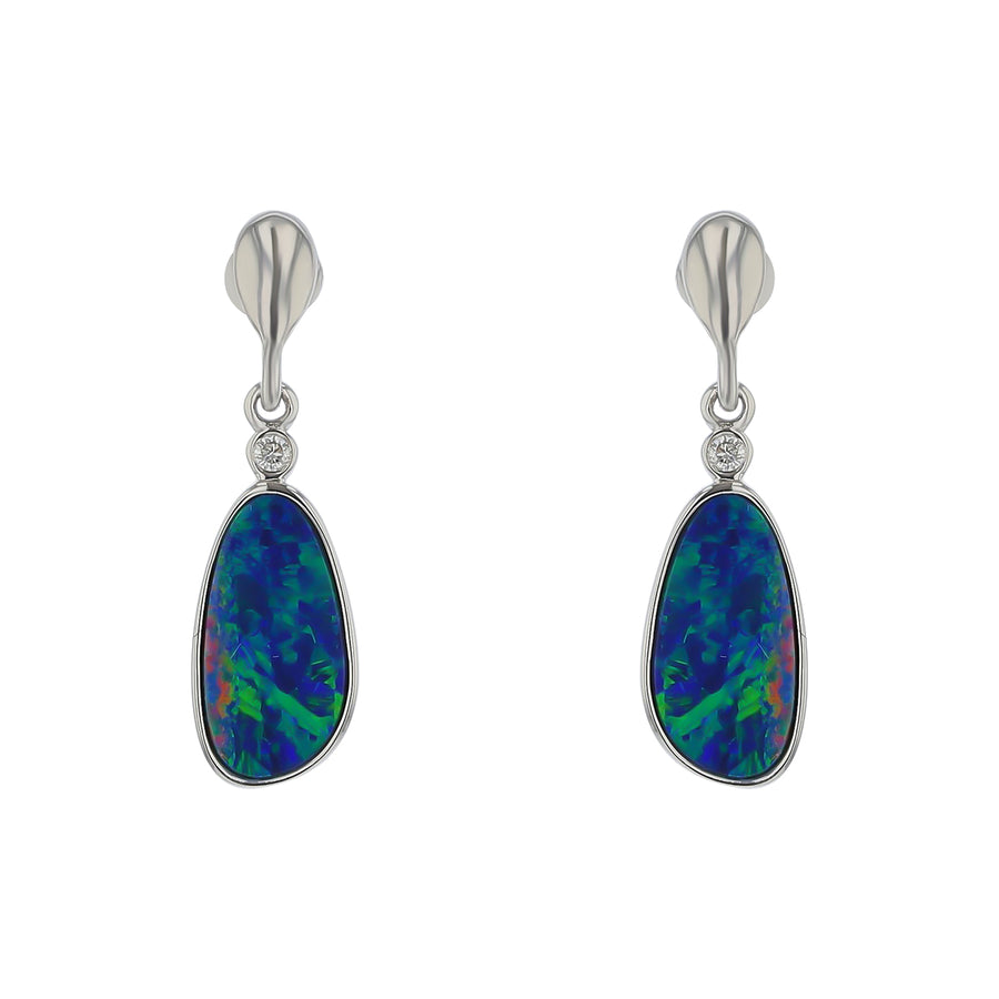 Opal Doublet and Diamond Drop Earrings in 14K White Gold