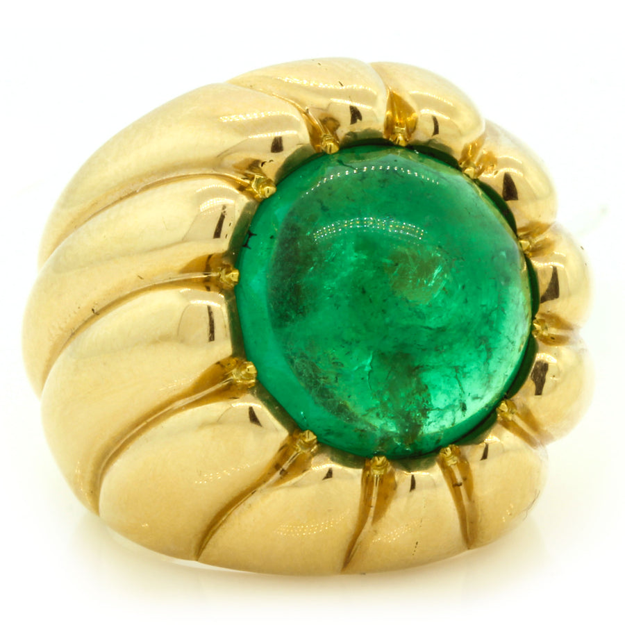 7.78ct Round Cabochon Emerald Scalloped Ring in 18K Yellow Gold