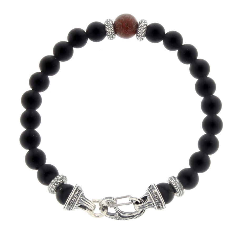 Gentis Bracelet with Frosted Black Onyx and Fossil Dinosaur Bone Beads in Sterling Silver, Size Large