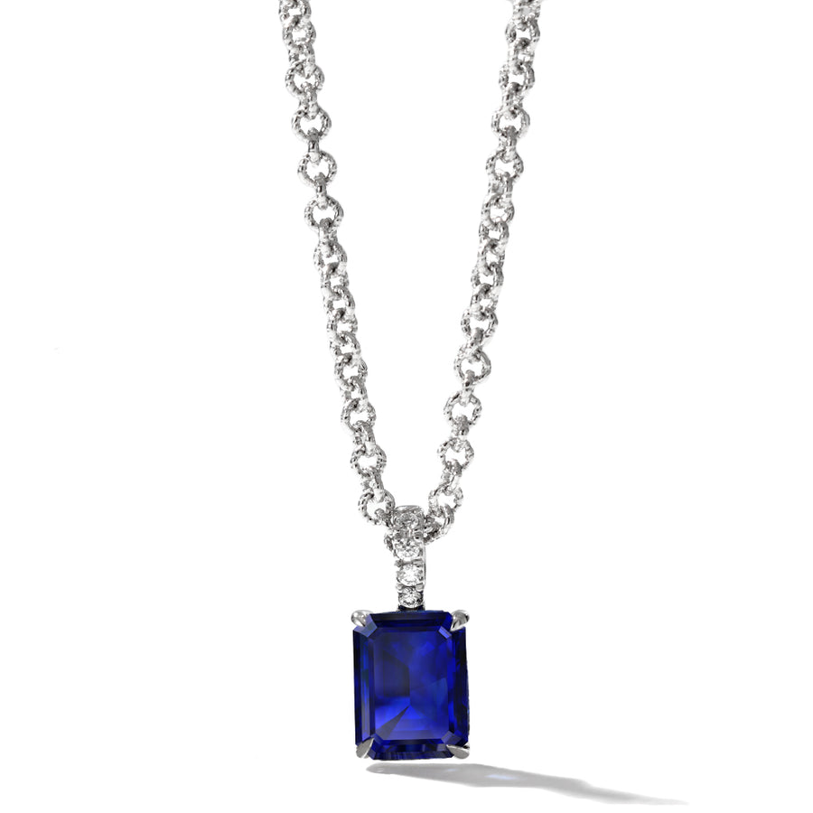 Emerald Cut Sapphire and Diamond Pendant in 18K White Gold, 18" chain
