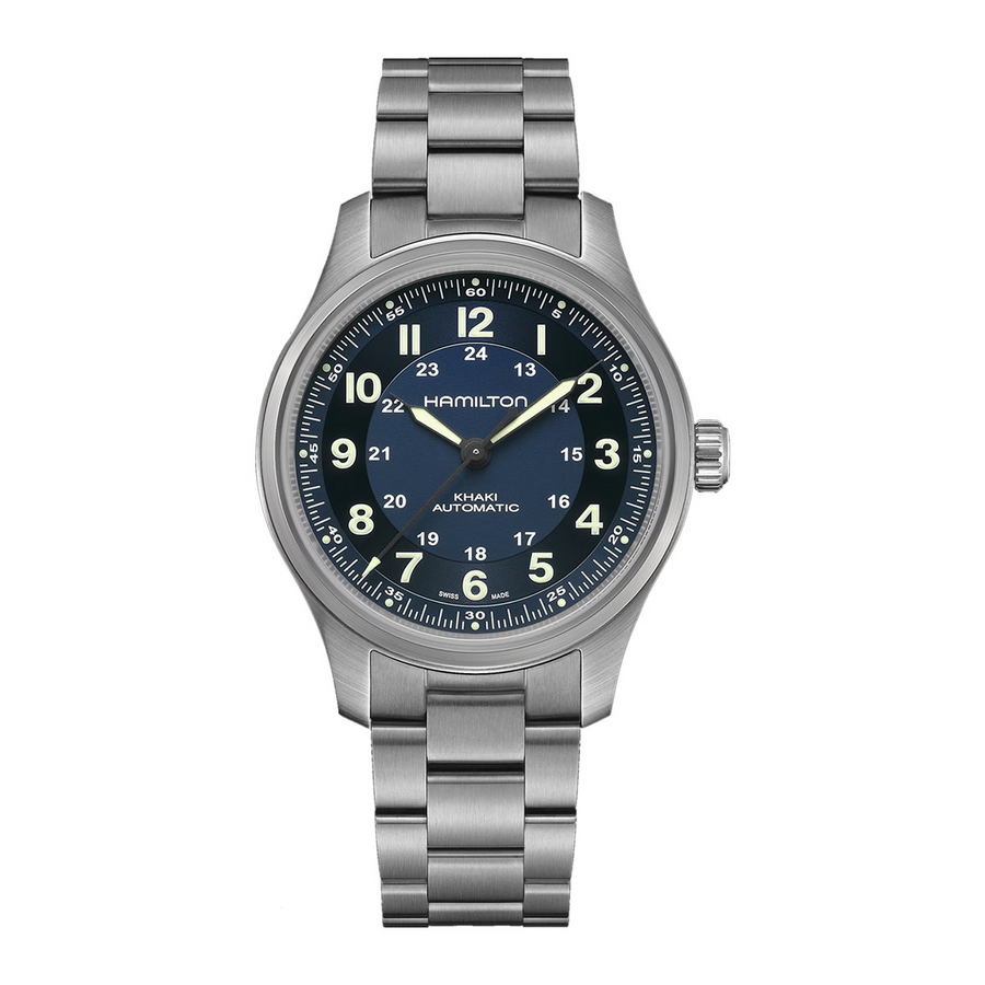42MM TITANIUM KHAKI FIELD AUTO WITH BLUE ARABIC DIAL AND MILITARY TIMEZONE FUNCTION WITH BRACELET