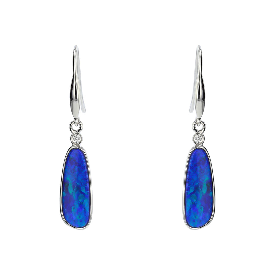 Opal Doublet and Diamond Drop Earrings in 14K White Gold