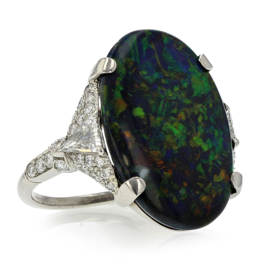 Art Deco Platinum Black Opal and Diamond Ring