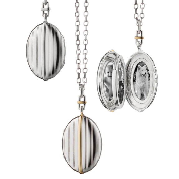 Four Image Pinstripe Locket on Chian in Sterling Silver and 18K Yellow Gold, 32in