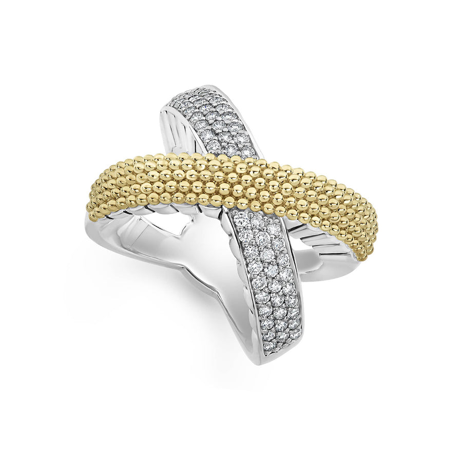 Caviar Lux Large X Pavé Crossover Ring with Diamonds in Sterling Silver and 18K Yellow Gold, Size 8