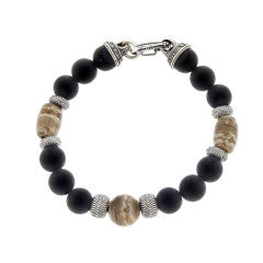 BB7 MT BR Ice Age Frosted Black Onyx and Mammoth Tooth Bead Bracelet in Sterling Silver Size Large
