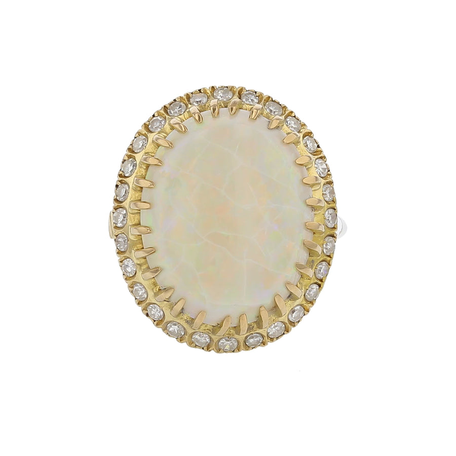 7.00ct Australian Opal and 0.90ct Diamond Retro Ring in 14K Yellow Gold (Circa 1940s)