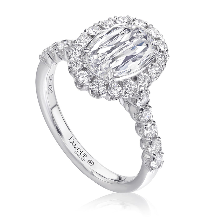 Oval Halo L'Amour Diamond Engagement Ring in 18K White Gold, Size 6.5