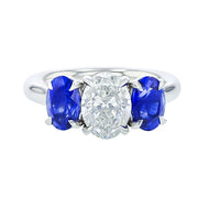 Platinum Oval Diamond and Sapphire 3-Stone Ring