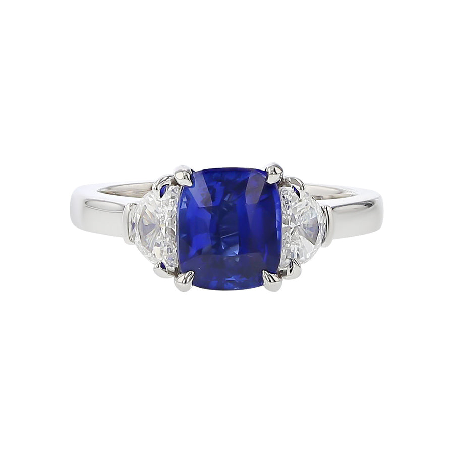 Cushion Sapphire and Half-Moon Diamond 3-Stone Ring