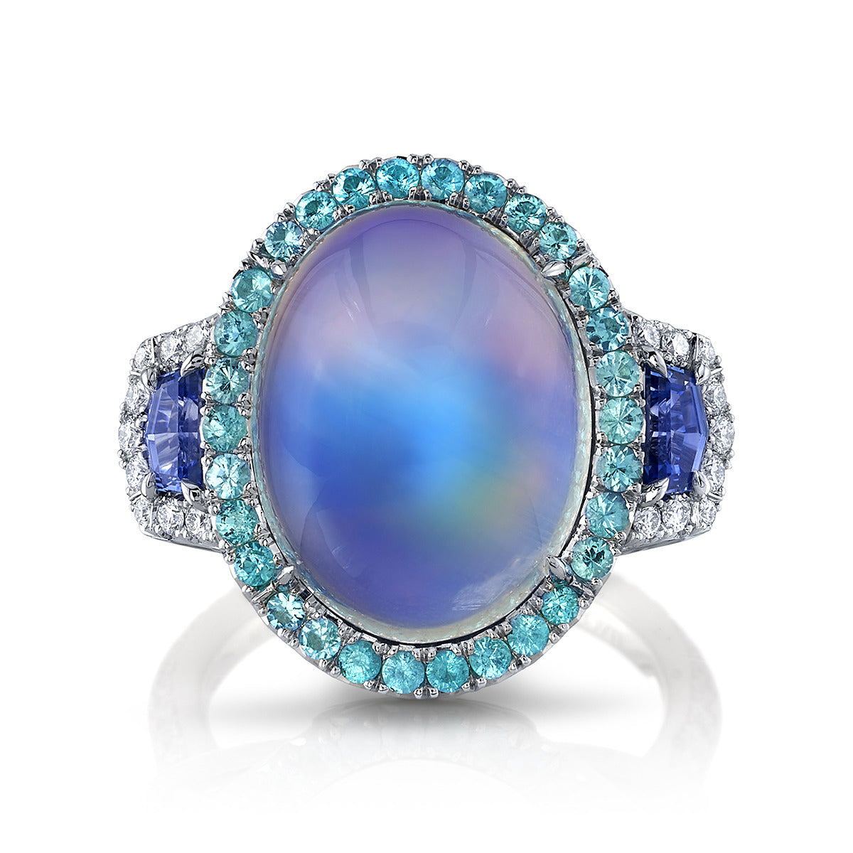 Moonstone, Sapphire, Paraíba Tourmaline and Diamond 3-Stone Ring