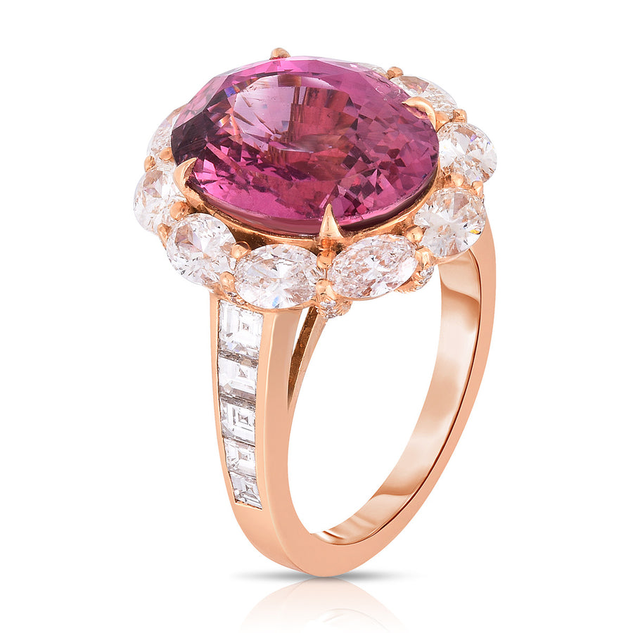Red Padparadsha Sapphire and Diamond Halo Ring
