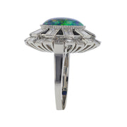 Platinum Black Opal, Diamond and Onyx Halo Ring