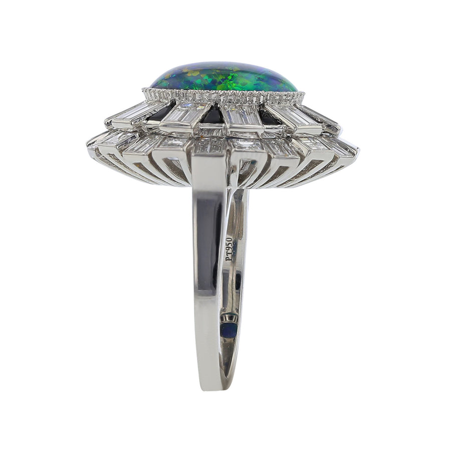 Platinum Black Opal, Diamond and Onyx Halo Ring