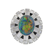 Platinum Black Opal, Diamond and Onyx Halo Ring