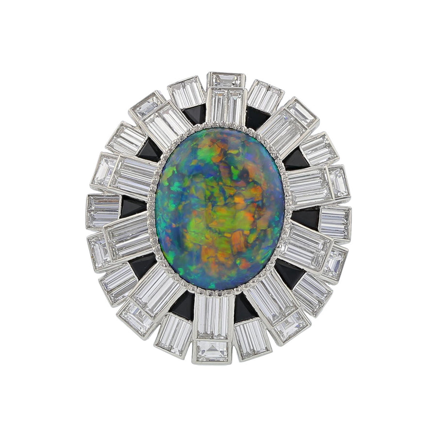 Platinum Black Opal, Diamond and Onyx Halo Ring