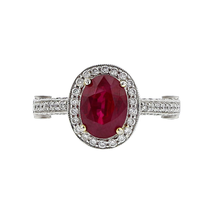 18K White Gold Ruby and Diamond Halo Ring