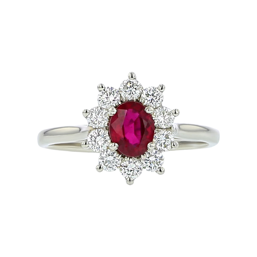 Platinum Oval Ruby and Diamond Halo Ring