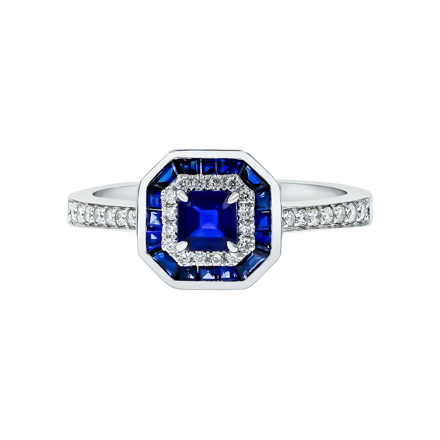 14K White Gold Sapphire and Diamond Halo Ring