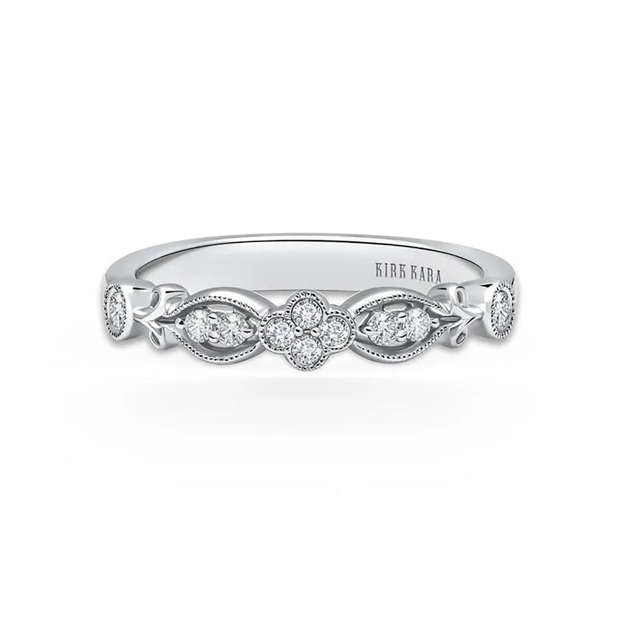 14K White Gold Floral Clover Diamond Wedding Band