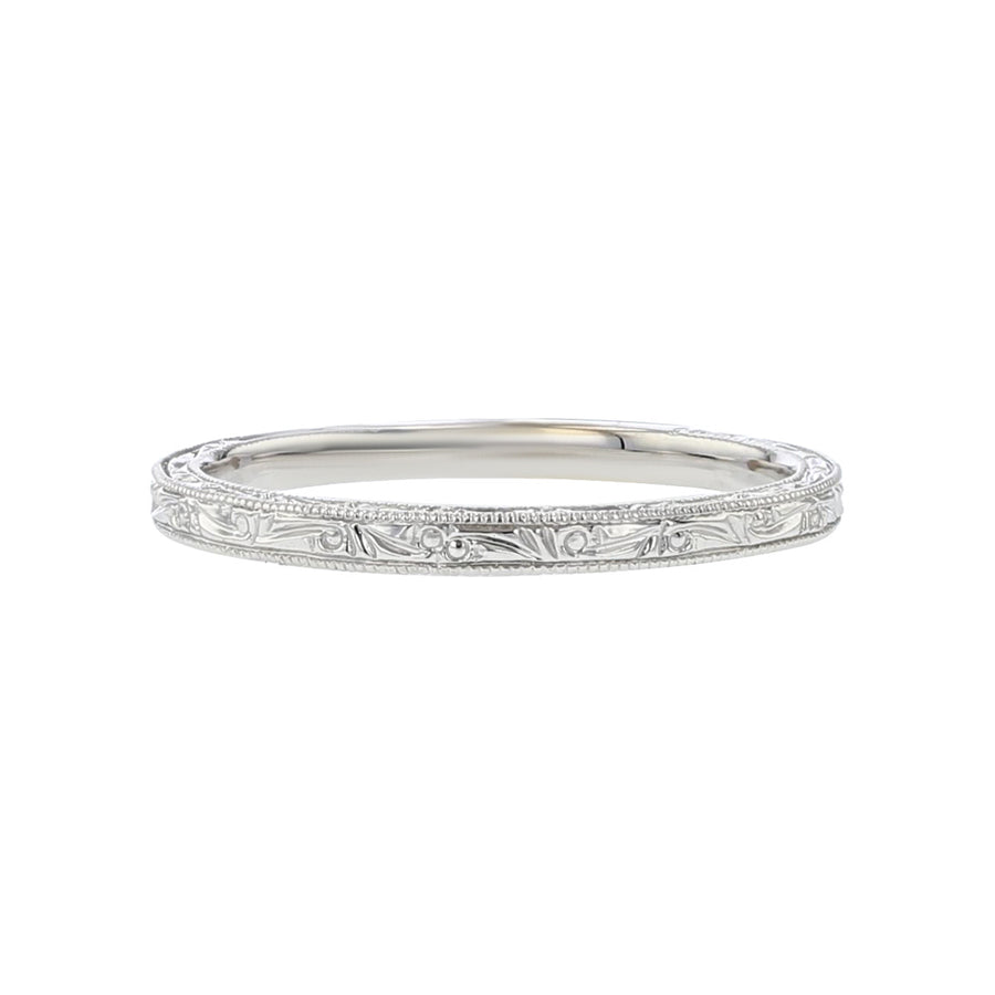 18K White Gold Intricate Engraved Milgrain Wedding Band