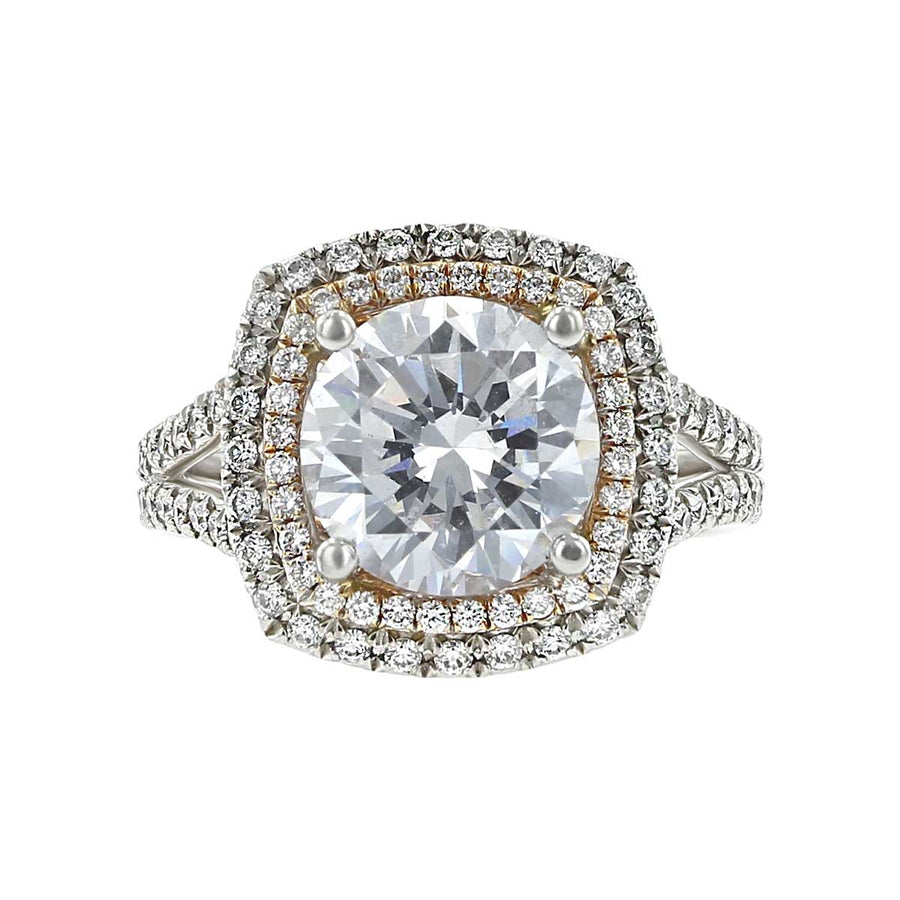 Double Halo Cushion Semi-Mount Ring in 18K White and Rose Gold for Round Center