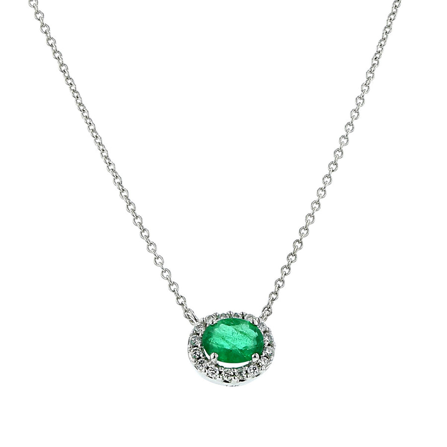 Oval Emerald and Diamond Halo Pendant Necklace