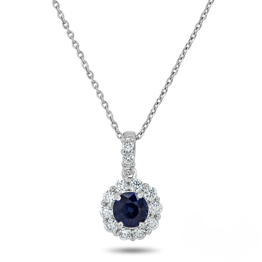 Round Blue Sapphire Pendant in 18K White Gold