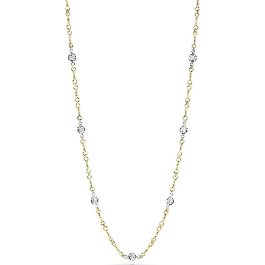 18K Gold 7 Station Diamond Necklace On Dog Bone Link Chain