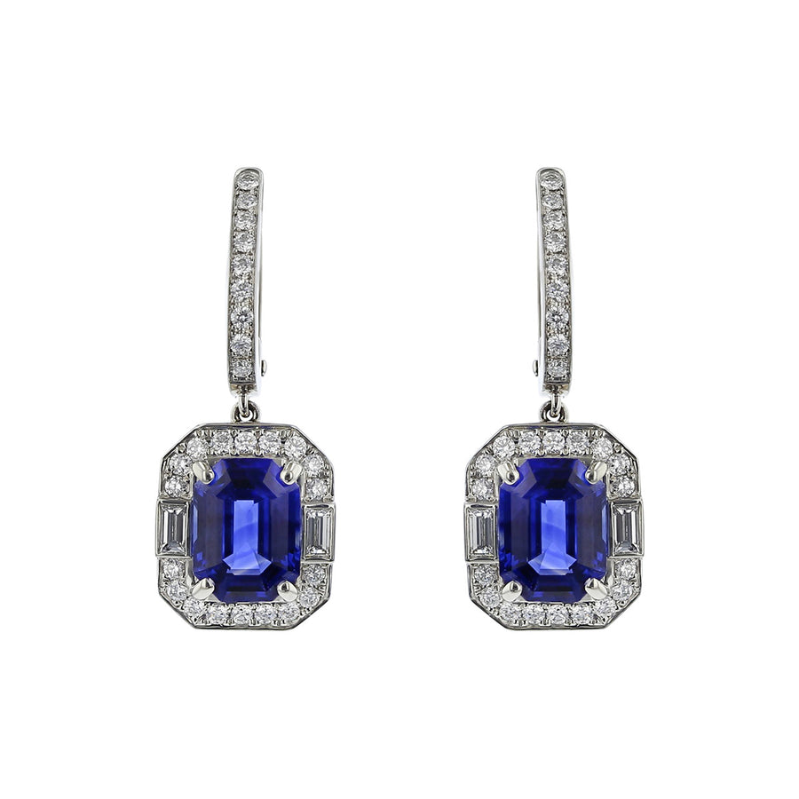 Emerald-cut Sapphire and Diamond Halo Drop Earrings