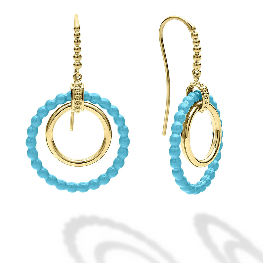 Gold and Blue Ceramic Circle Drop Earrings