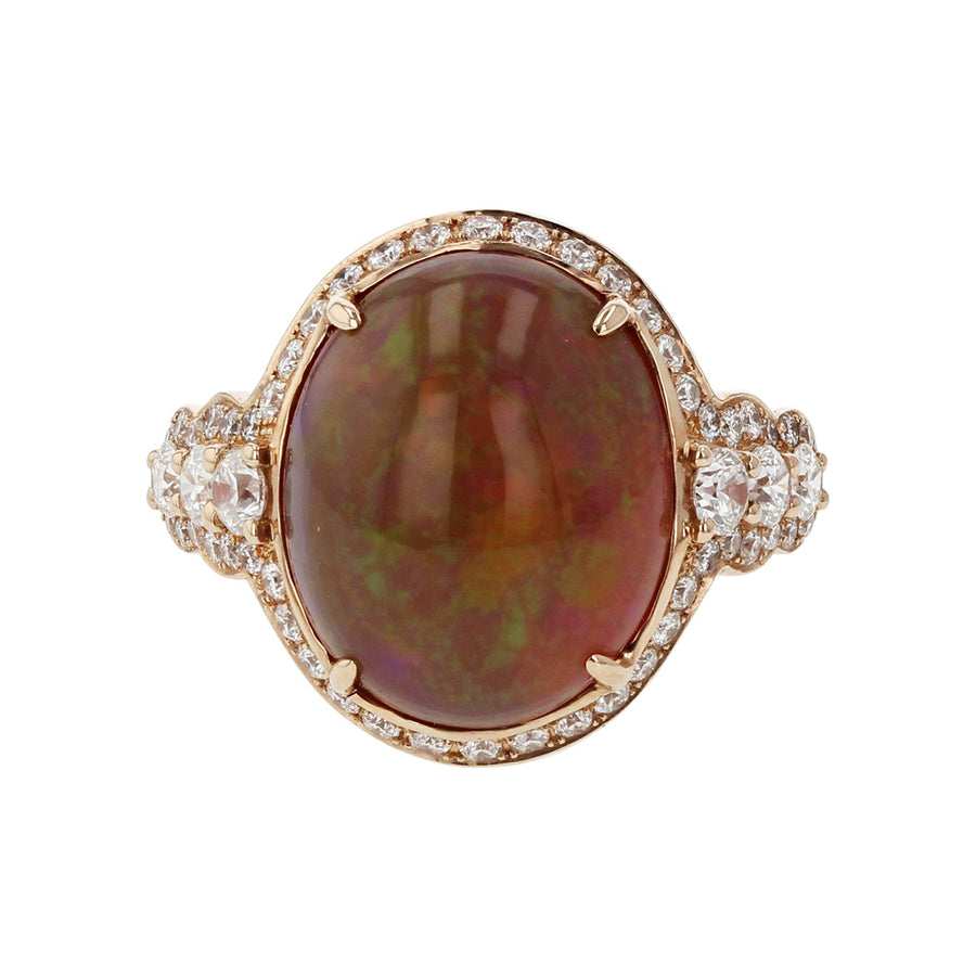 Rose Gold Cabochon Opal and Diamond Halo Ring