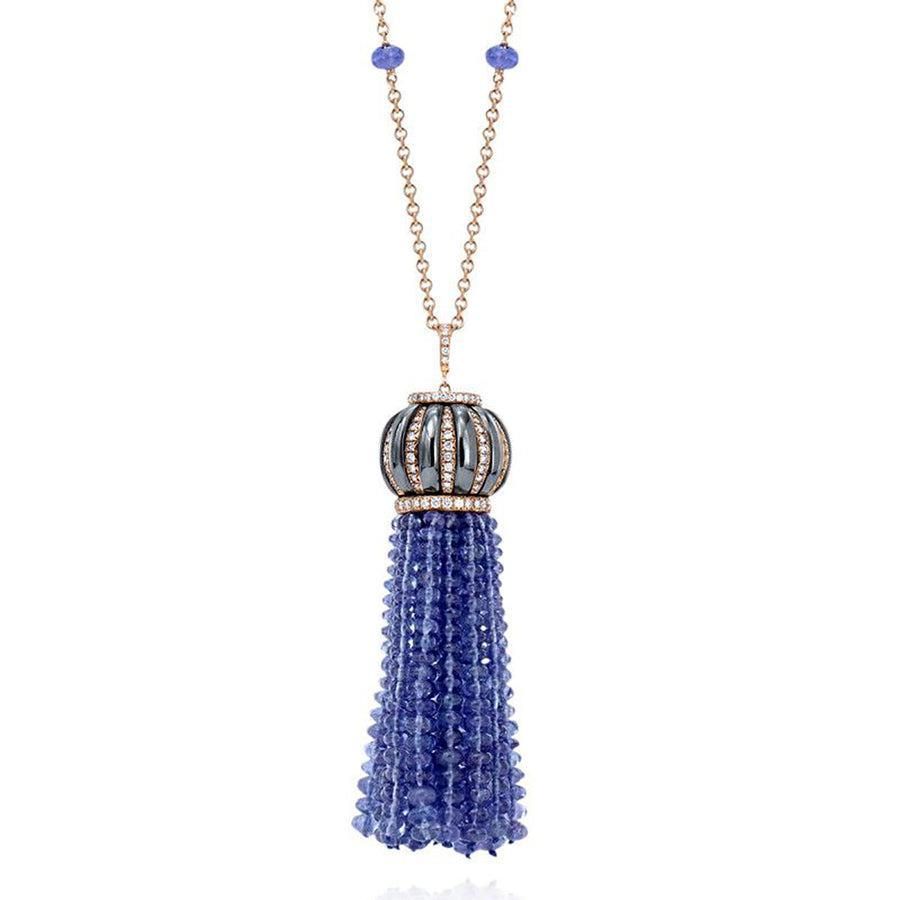 18k Rose Gold Tassel Tanzanite and Hematite Pendant