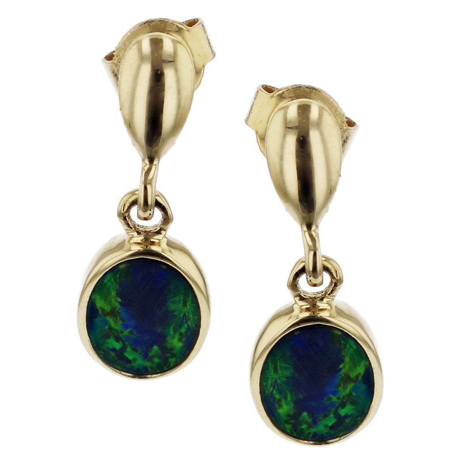14K Yellow Gold Black Opal Doublet Drop Earrings