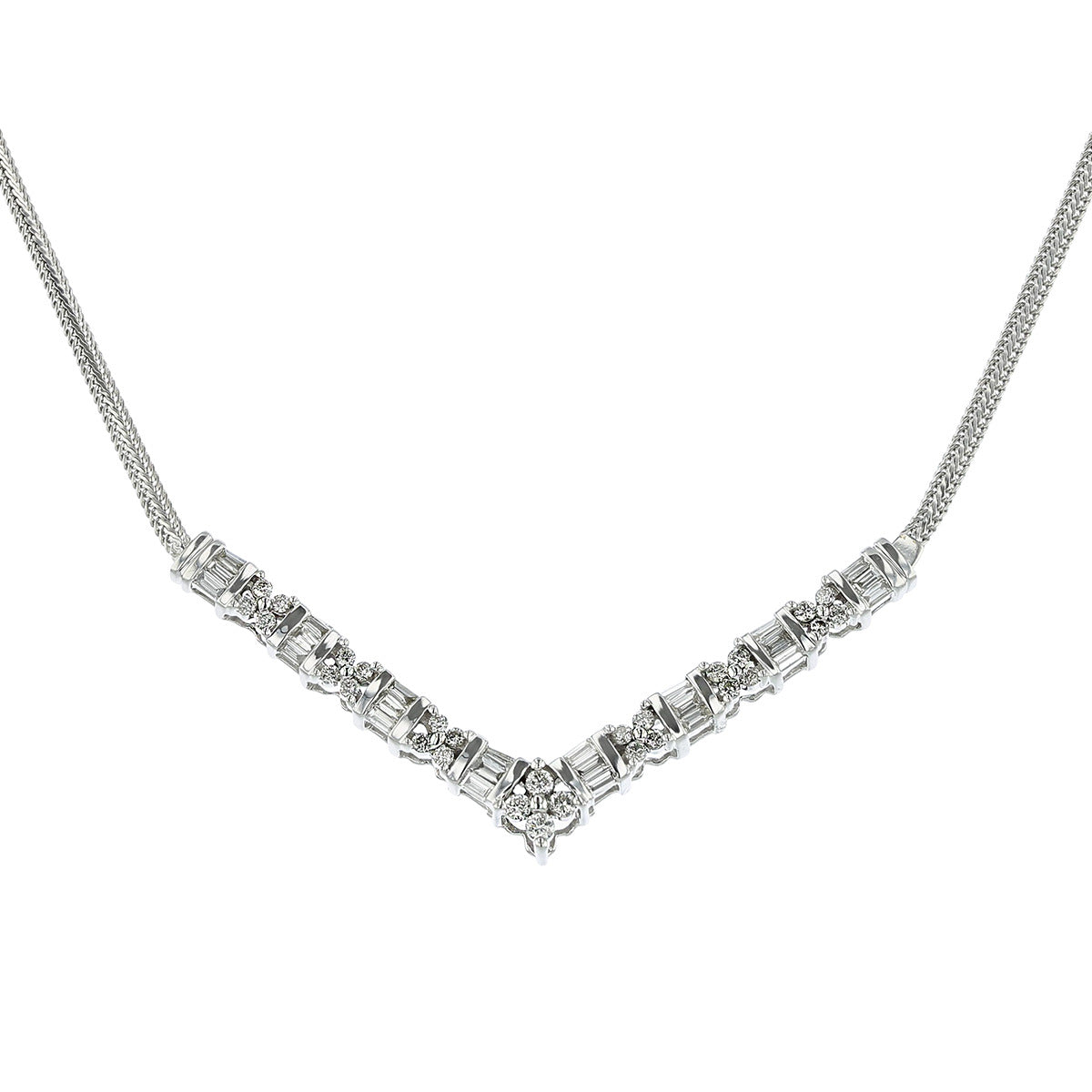 14K White Gold V Shaped Diamond Necklace