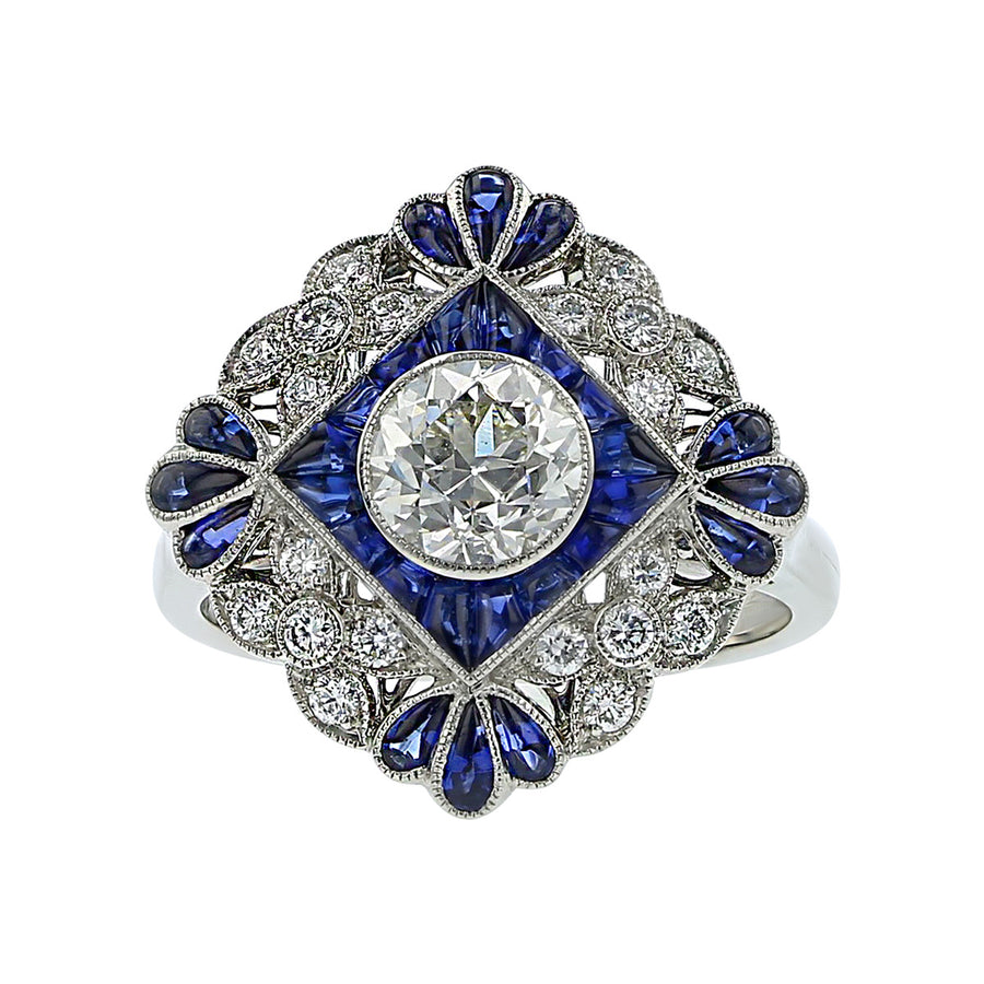 Platinum European-Cut Diamond and Sapphire Ring