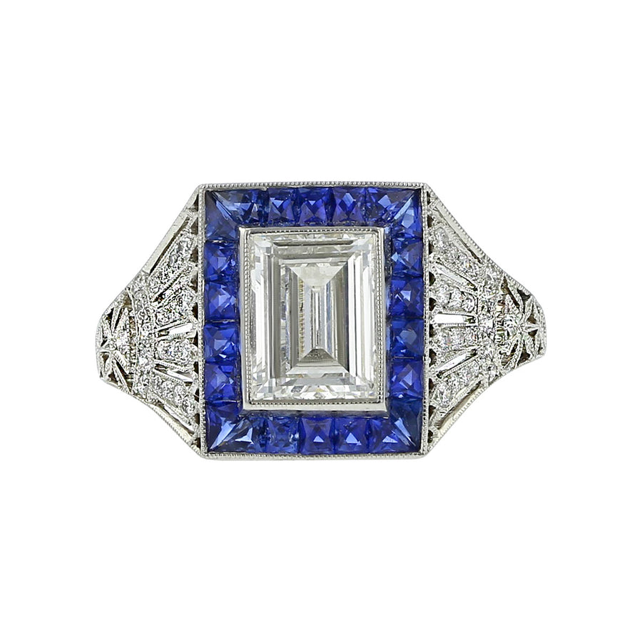 Platinum Emerald-Cut Diamond and Sapphire Ring
