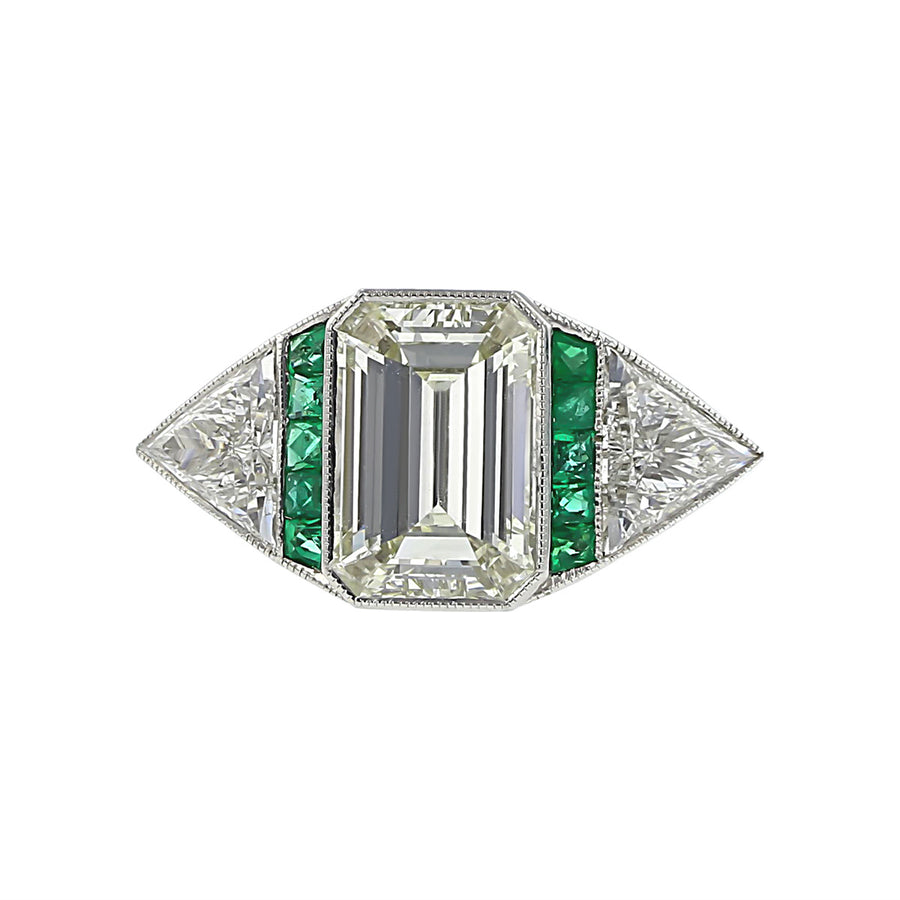 Platinum Emerald-cut Diamond and Emerald Ring