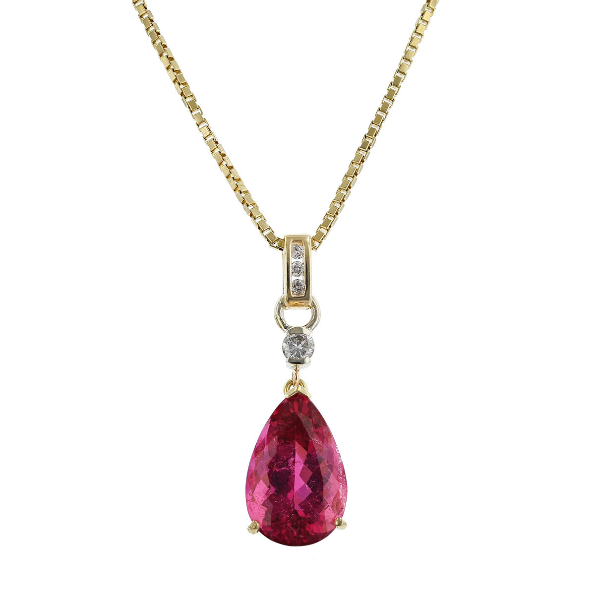 Pear Cut Pink Tourmaline & Diamond Pendant Necklace 14K Gold