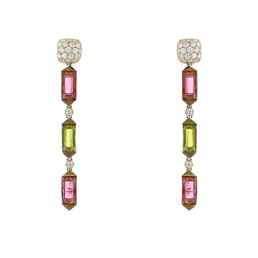 Pink Tourmaline, Peridot and Diamond Drop Earrings