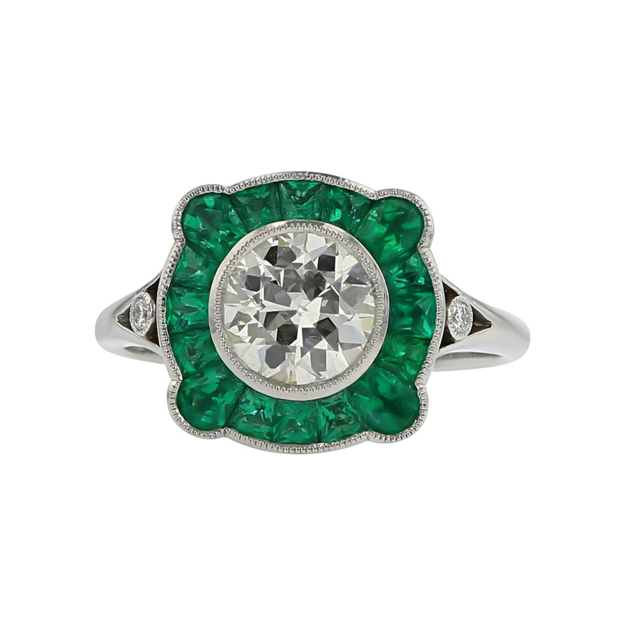 Old-European Cut Diamond and Emerald Halo Ring