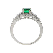 14K White Gold Zambian Cushion Emerald and Diamond Ring