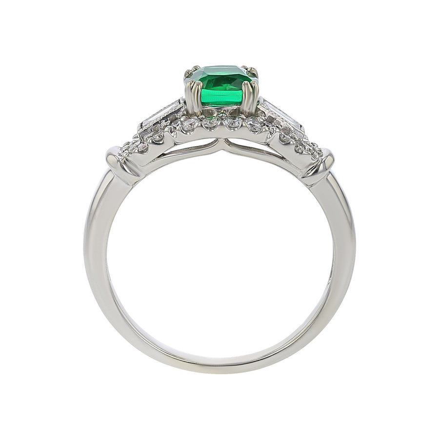 14K White Gold Zambian Cushion Emerald and Diamond Ring