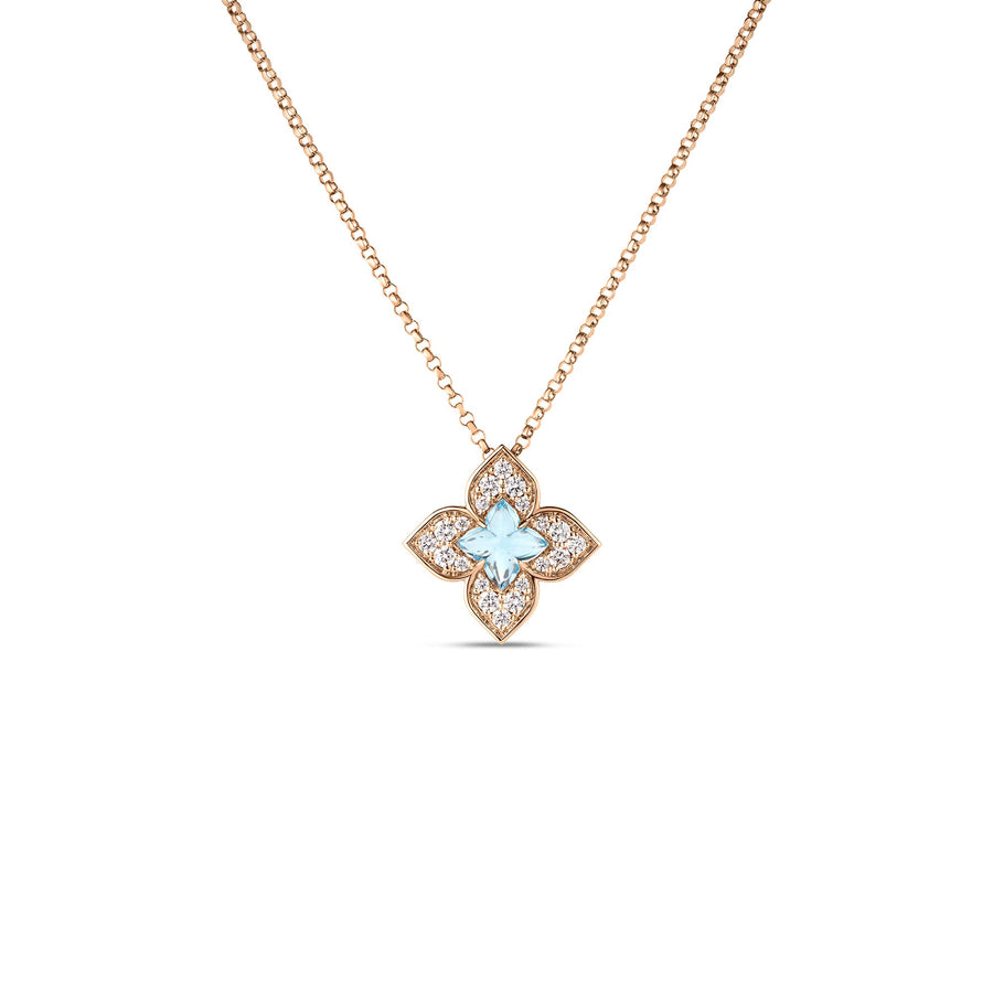Venetian Princess 0.17ct Diamond and 0.75ct Blue Topaz Flower Pendant in 18K Rose Gold, 18" chain