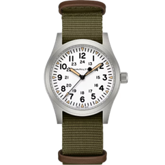 42mm Khaki Field Mechanical White Dial Watch in Stainless Steel with Green Textile Nato Strap