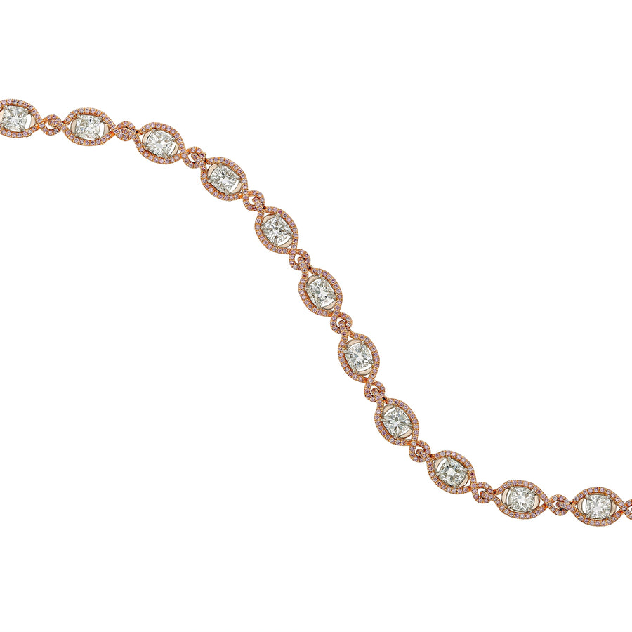 6.63ct Cushion Cut Diamond and 1.51ct Pink Diamond Halo Line Bracelet in Platinum and 18K Rose Gold, 7.5"